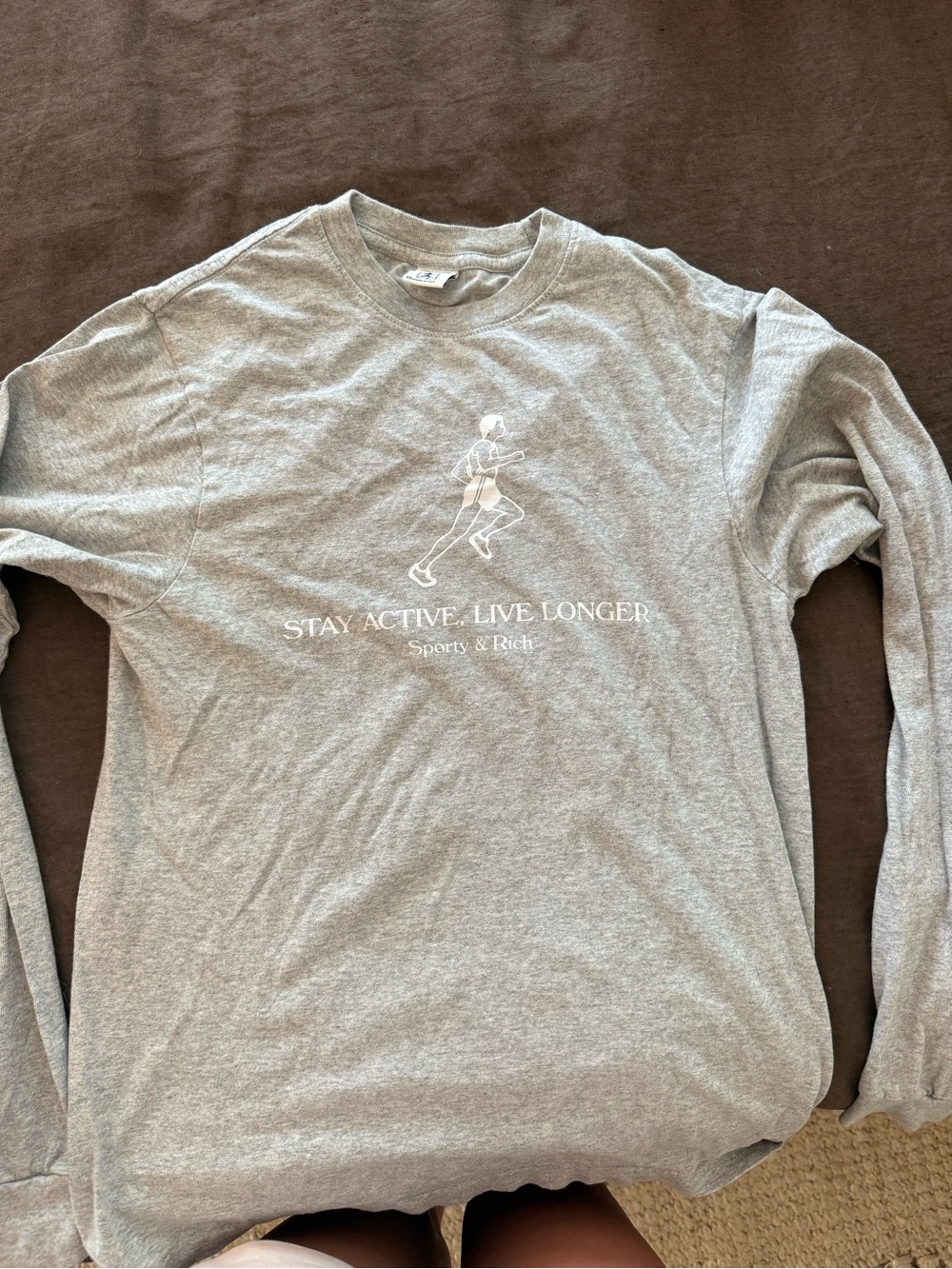 Sporty & Rich Light Gray Long Sleeve Tee with Runner Motif